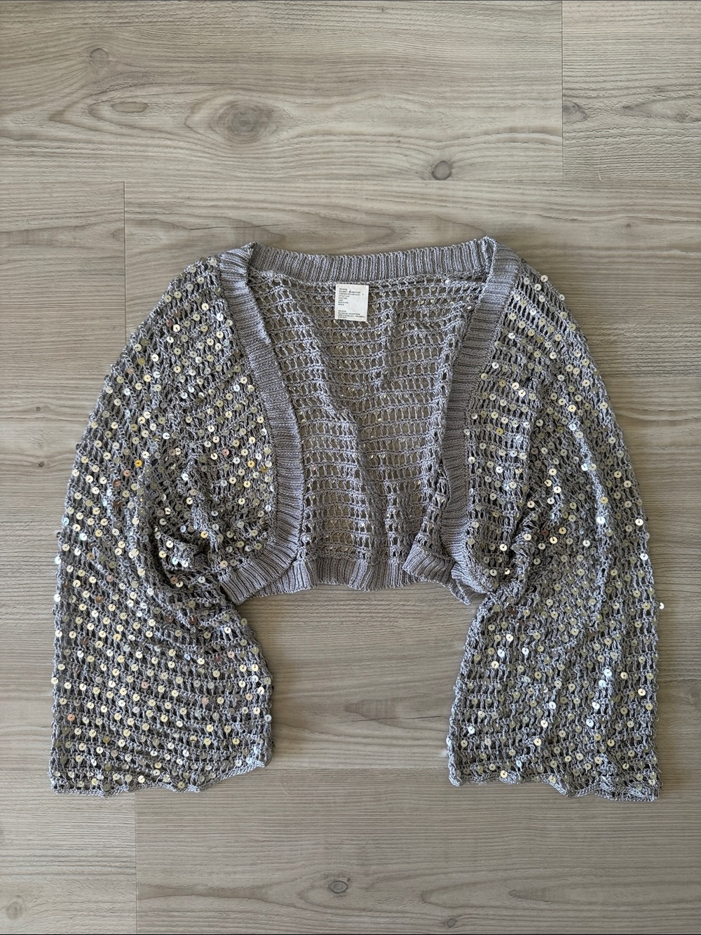 Y2K Silver Sequin Open Knit Crochet Bolero Shrug Crop Cardigan Bell Sleeve